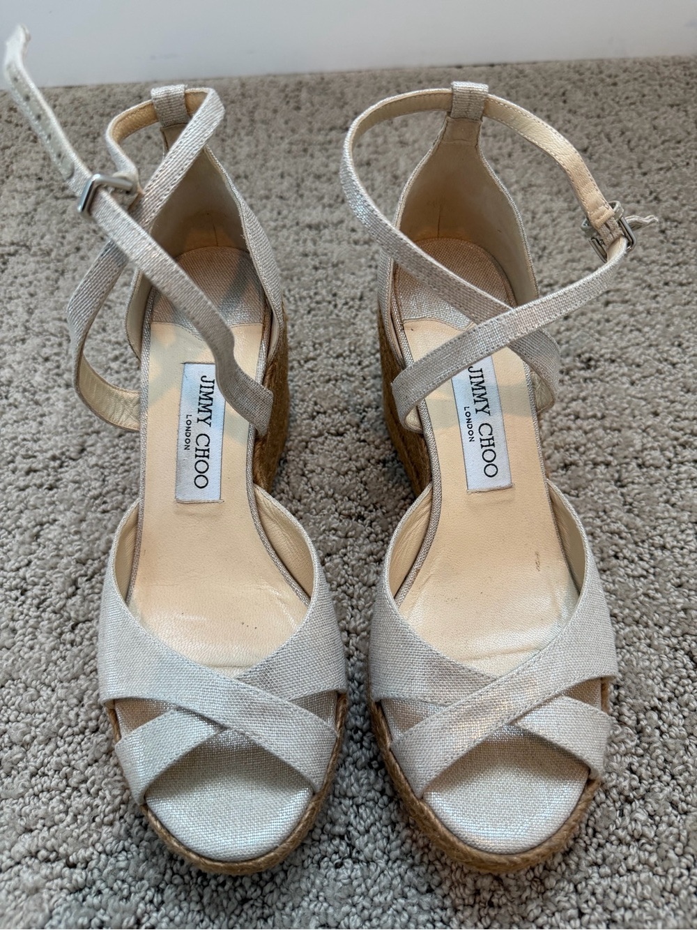 Authentic Jimmy Choo Alanah 80 Gold Silver Espadrille Wedge Sandals Sz 38.5